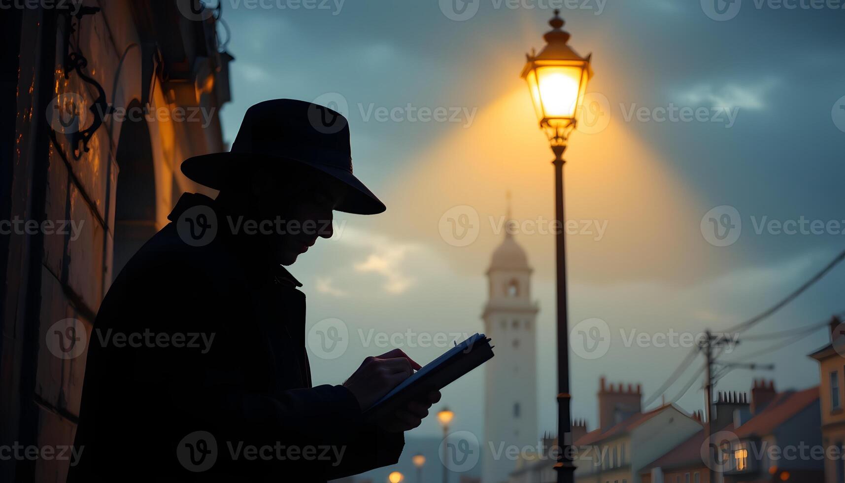 Mysterious Man in Fedora Writing in Notebook at Dusk Cityscape Background photo