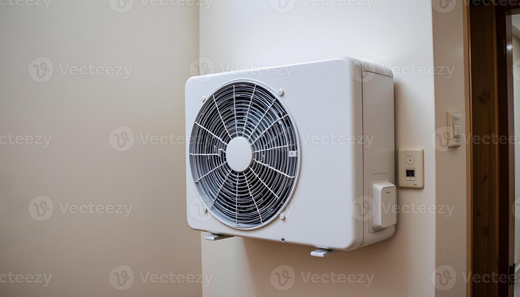 Modern White Air Conditioning Unit Installed on Wall Energy Efficient Home Climate Control System photo