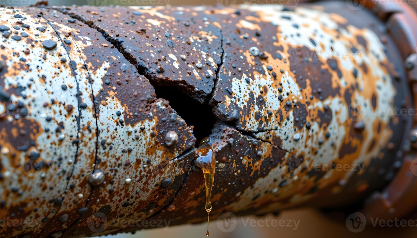 Corroded Rusty Metal Pipe with Crack and Leaking Substance Close up photo