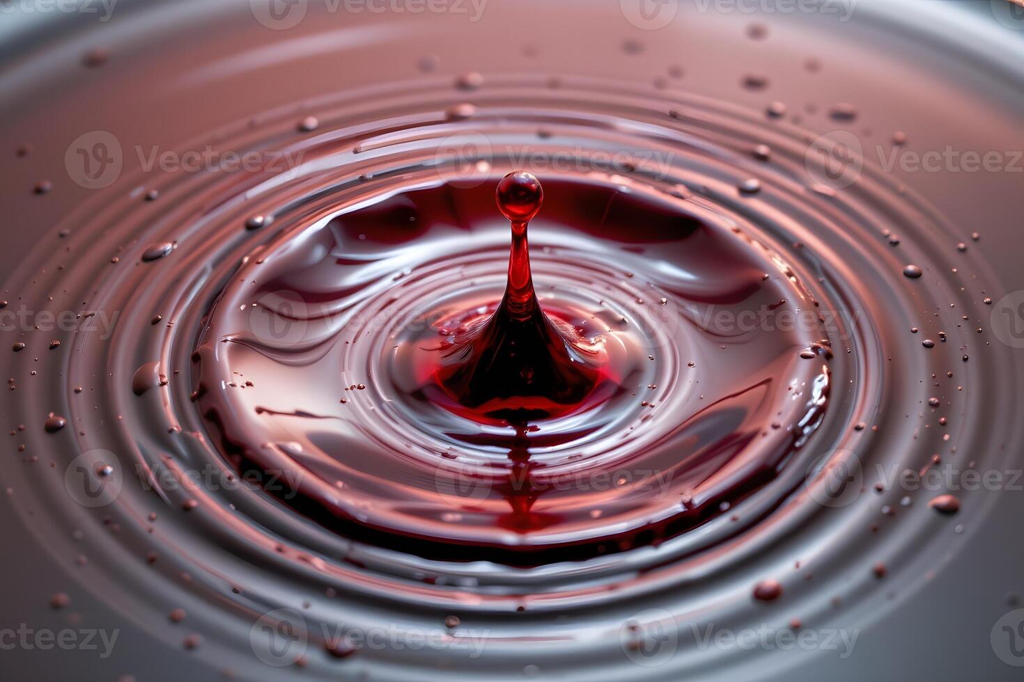 Red Liquid Drop Impacting Surface Creating Concentric Ripples and Reflections photo