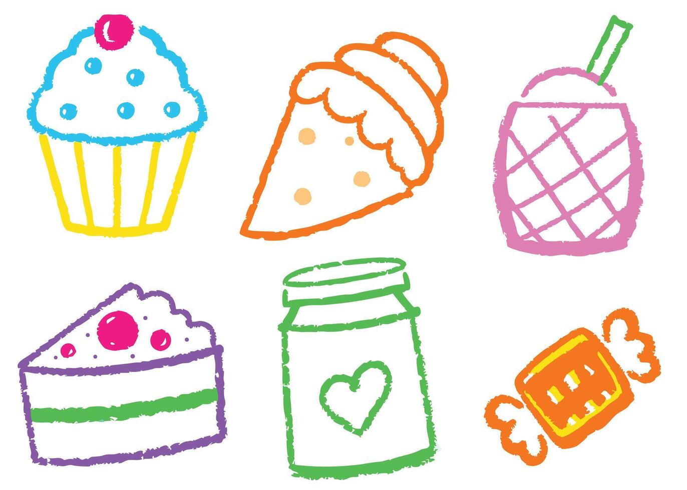 set of cute birthday cupcakes and cakes with fruit and chocolate decoration vector