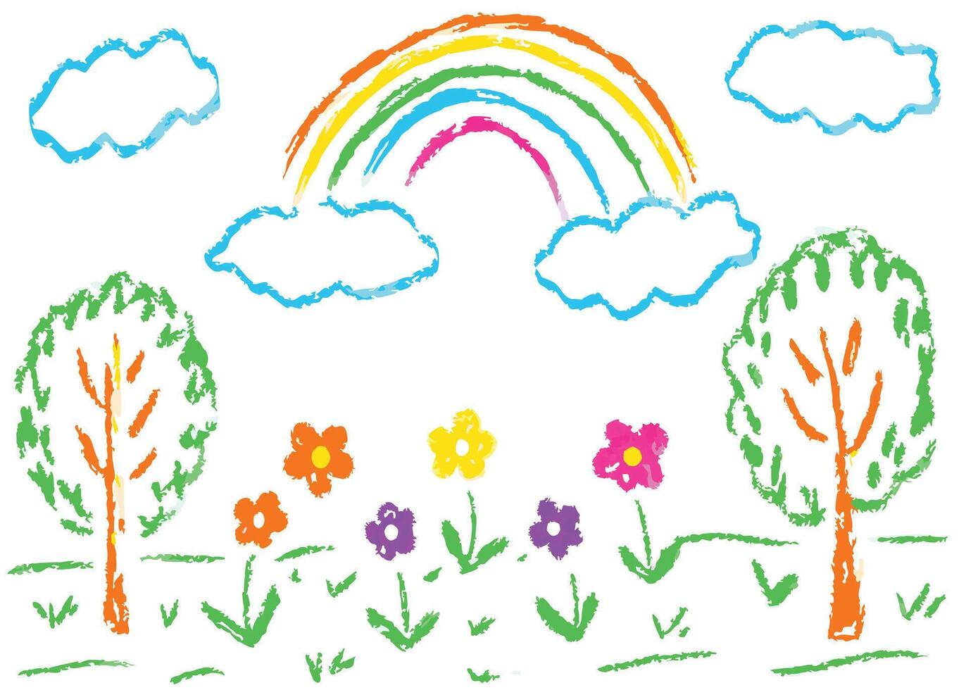 A vibrant of a summer landscape with a set of colorful rainbow trees, clouds, and butterflies under a blue sky vector