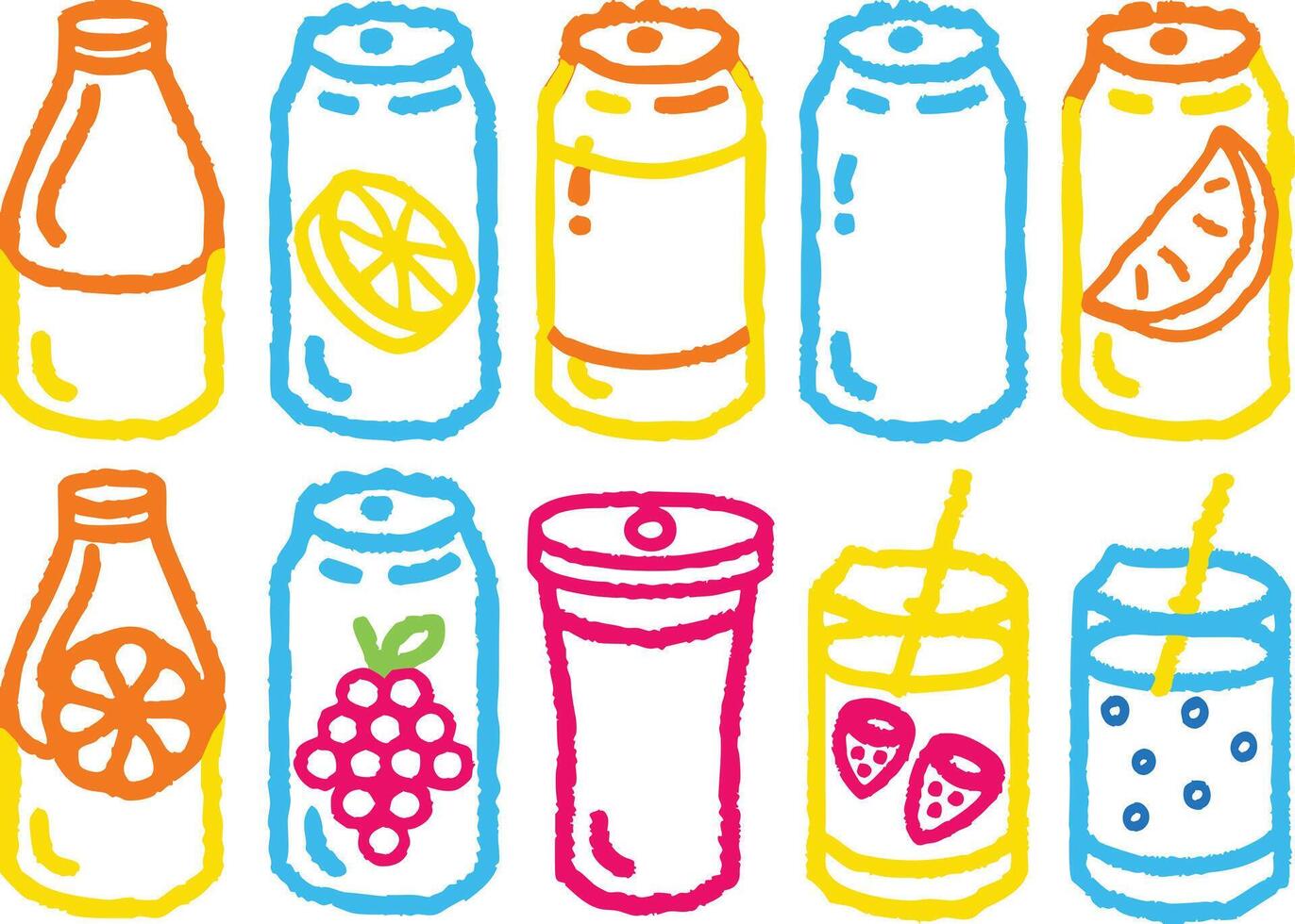 A cartoon set of different kinds of fruit juice, milk, and tea drinks in glass jars, bottles, and cups, perfect for breakfast food labels vector