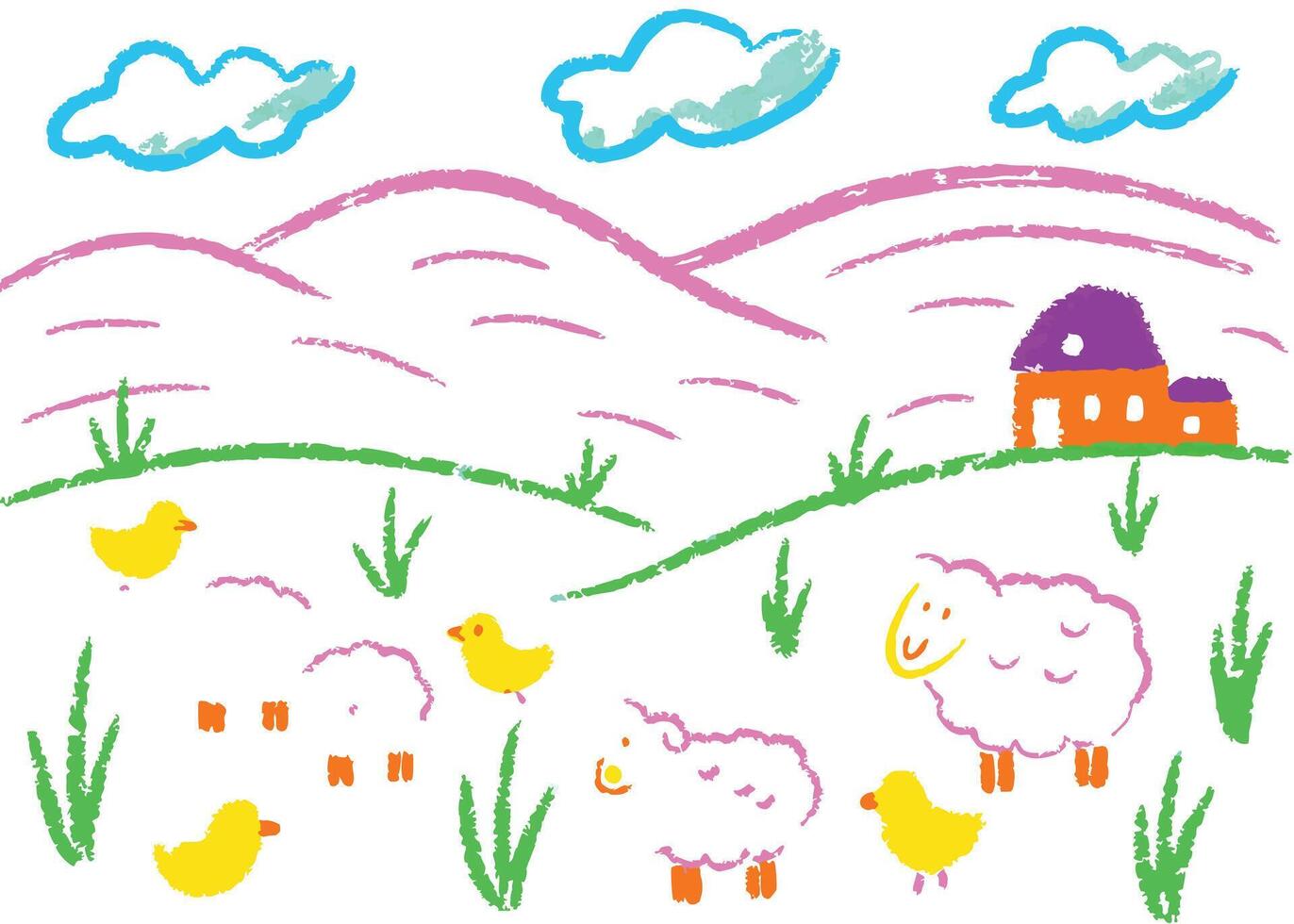 Cartoon of a summer or spring landscape with a house, flowers, trees, and butterflies under a clear sky with clouds and a bright sun vector
