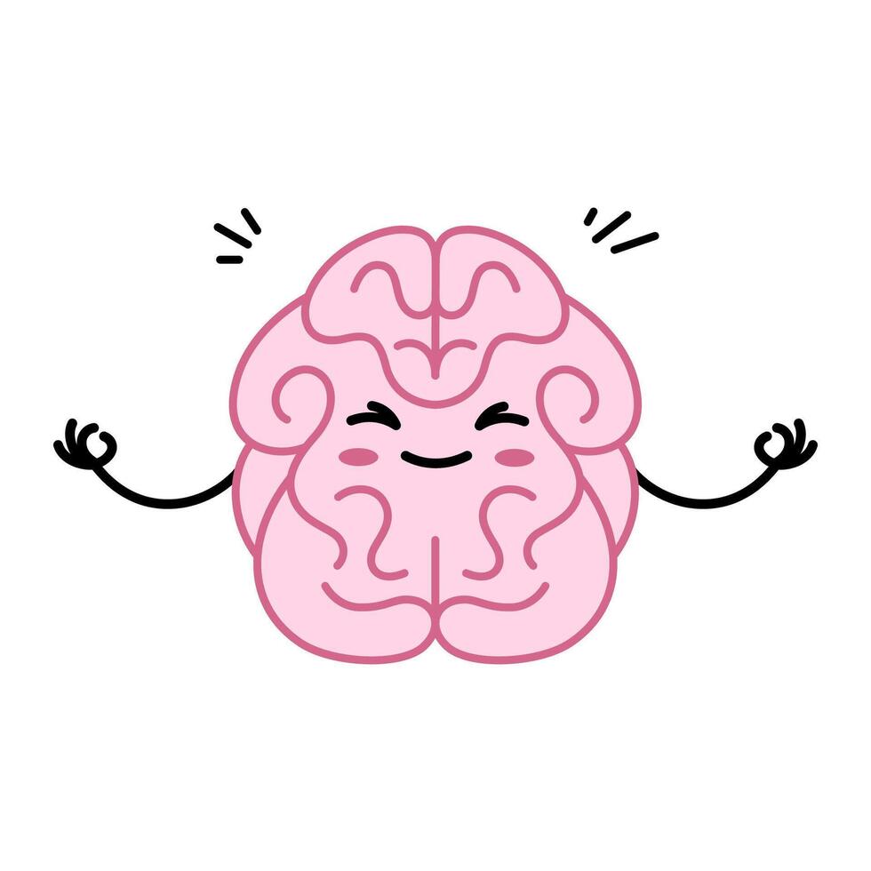 Kawaii brain meditates, peace, calm, concentration cartoon style illustration, drawing vector