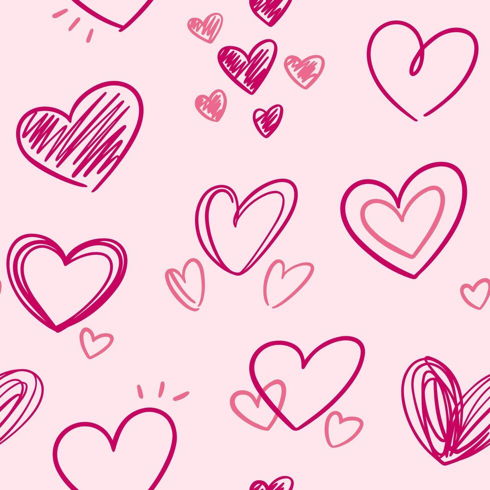 Doodle hearts seamless pattern, background. Cute cartoon style love drawings vector
