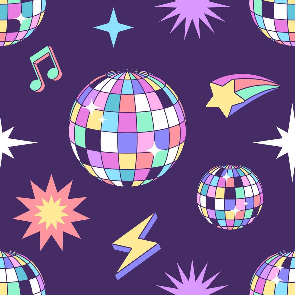 Disco ball seamless pattern, background. Music cartoon style drawing vector