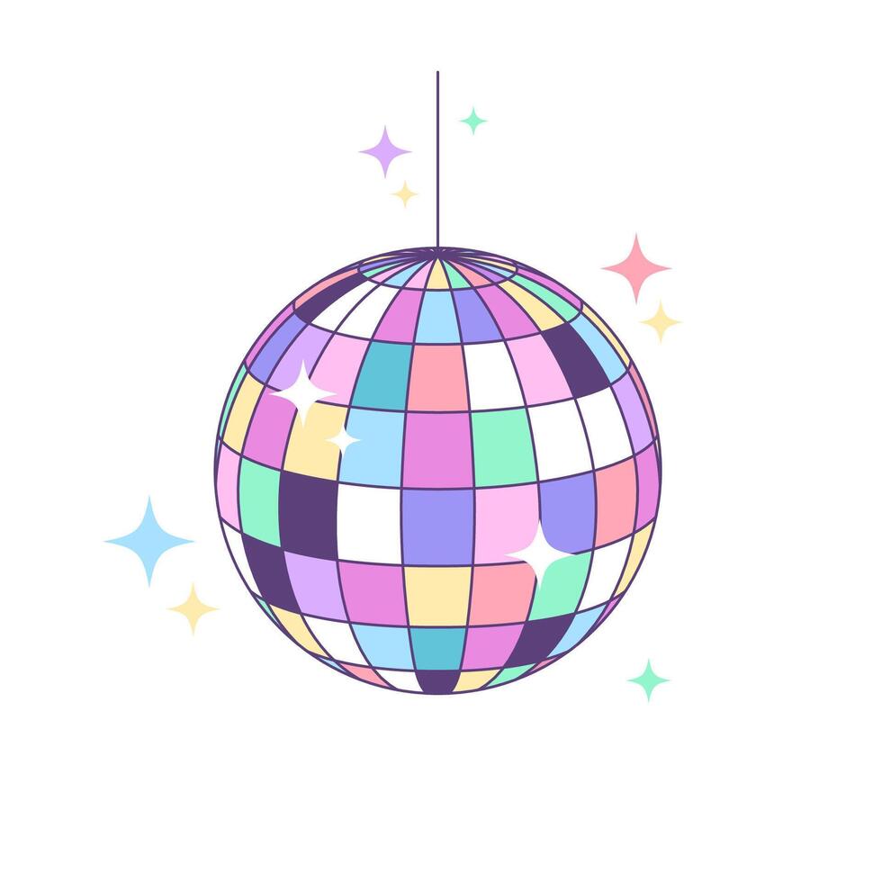 Disco ball, shining mirror ball, music cartoon style drawing vector
