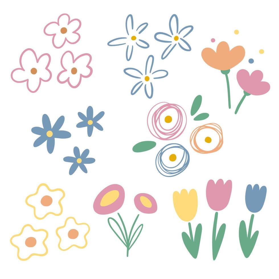 Doodle flowers, set of cute cartoon style drawings vector