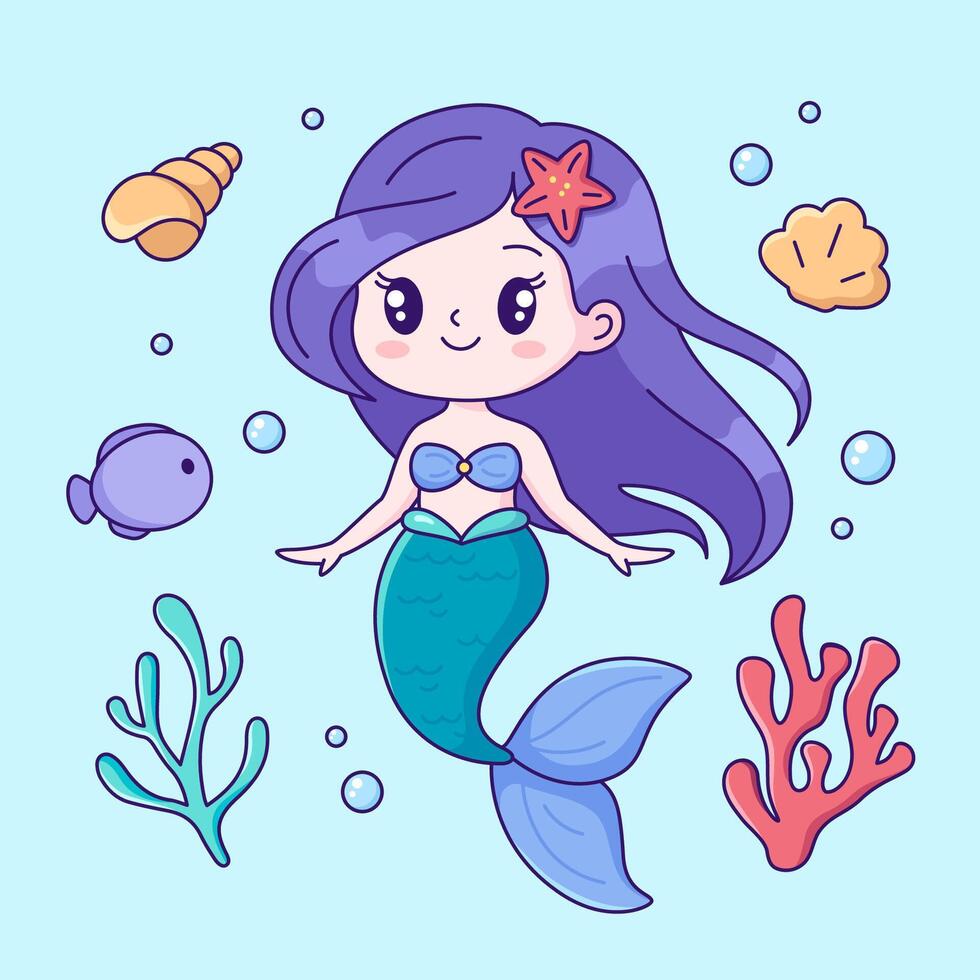 Cute kawaii mermaid girl with a fish tail. Funny cartoon style marine illustration vector