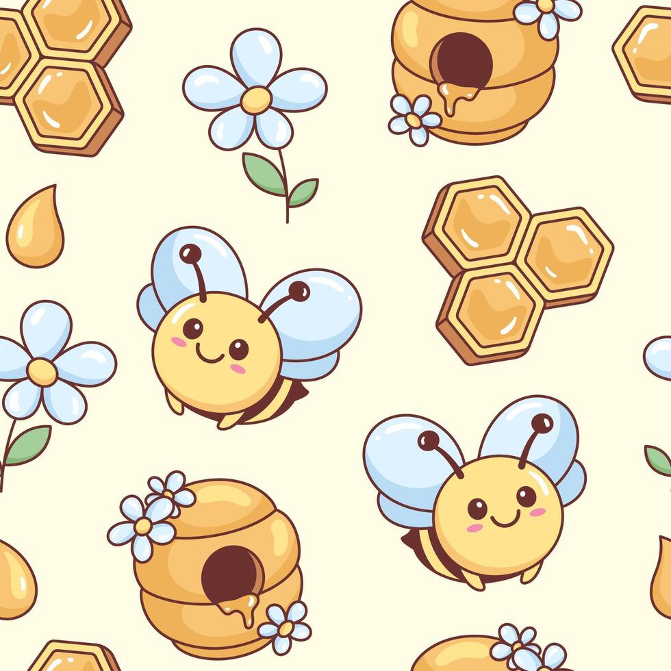 Cute kawaii bee, flower, honeycomb and beehive seamless pattern, background, cute cartoon style kids illustration vector