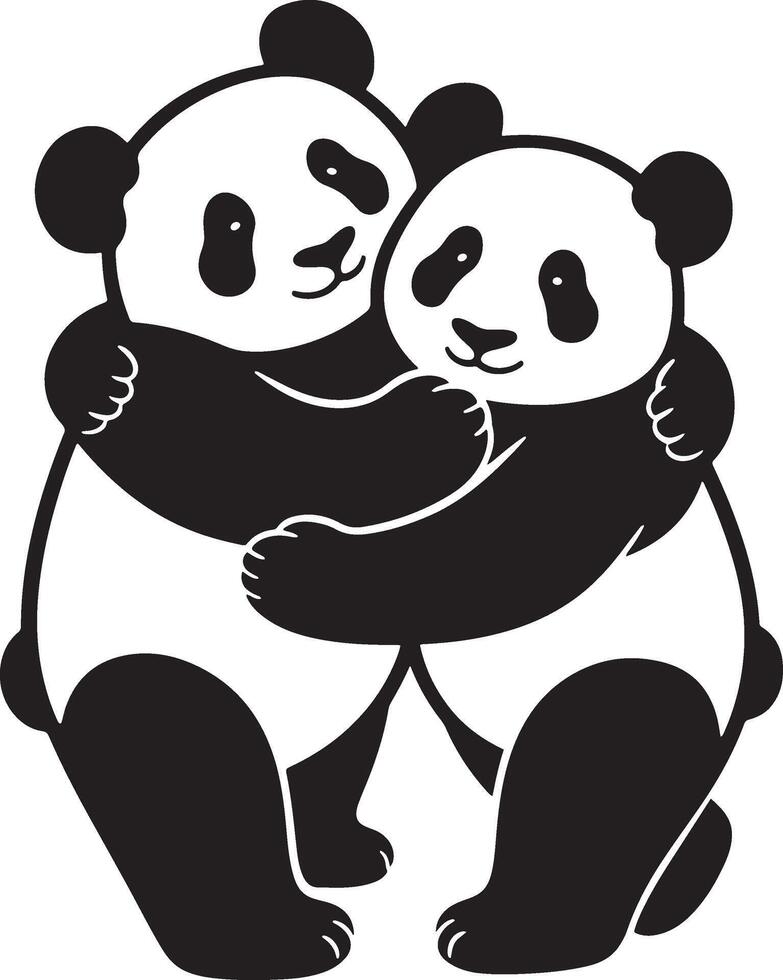 Two pandas hugging cute black design, Loving panda hug minimal illustration vector