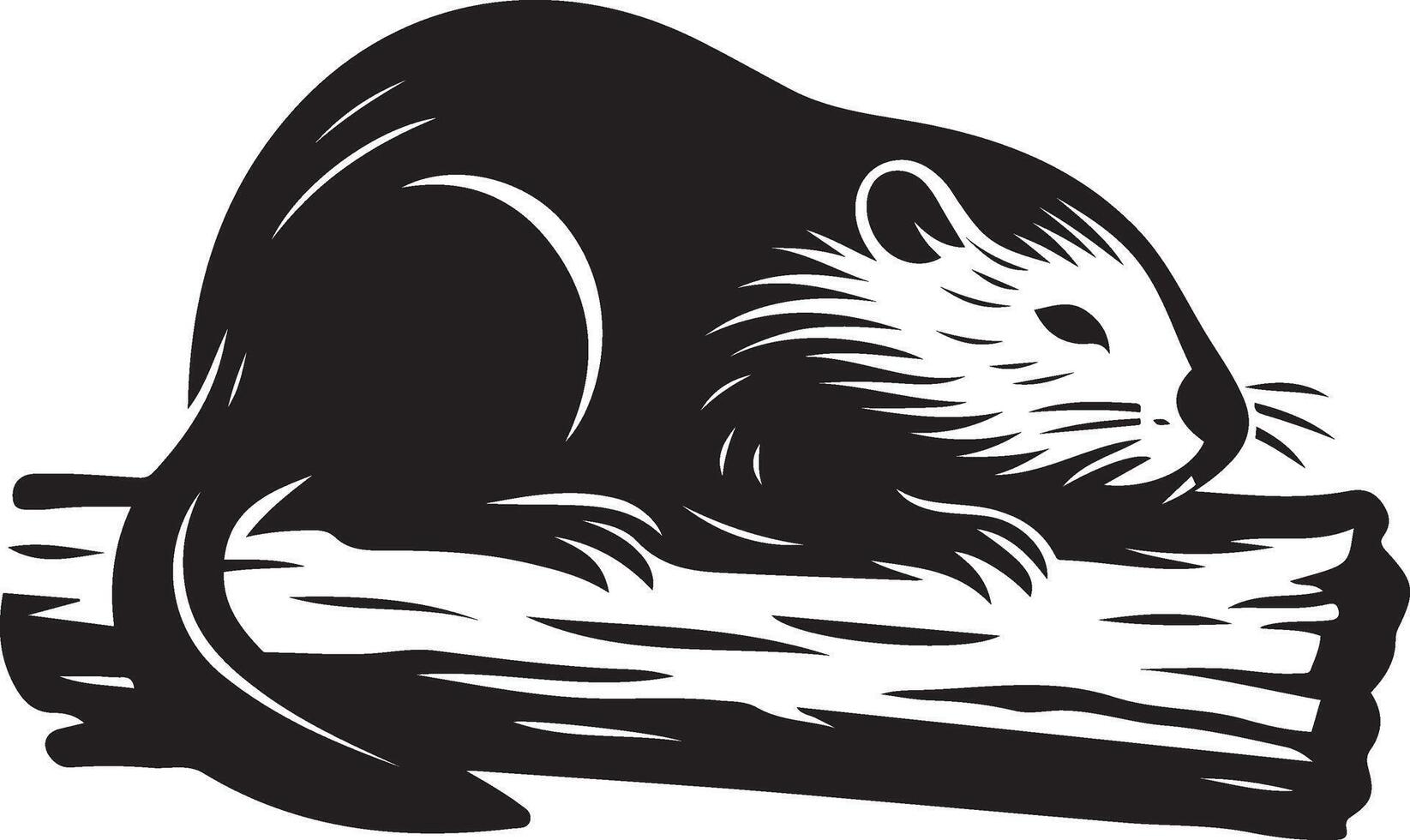 Muskrat resting on log silhouette, Black and white muskrat minimal design vector
