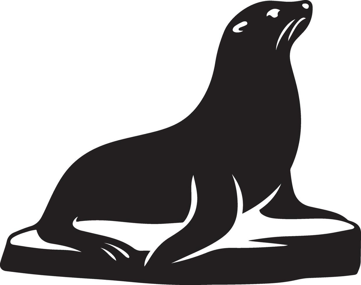 Seal resting on rock silhouette design, Marine animal black and white flat artwork vector