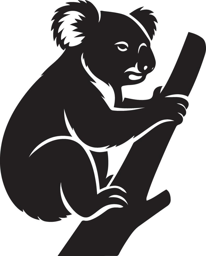 Koala resting on branch silhouette, Relaxed koala animal in tree design vector