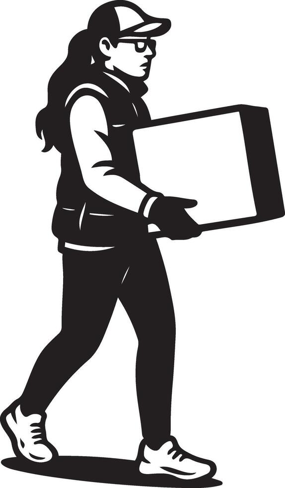 Woman carrying a package in profile view, Side view female courier with parcel vector