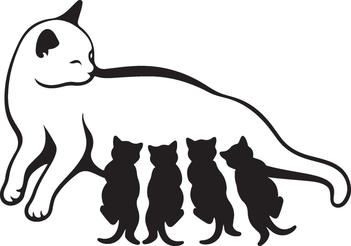 Mother cat with kittens loving pose, Feline family in affectionate illustration vector