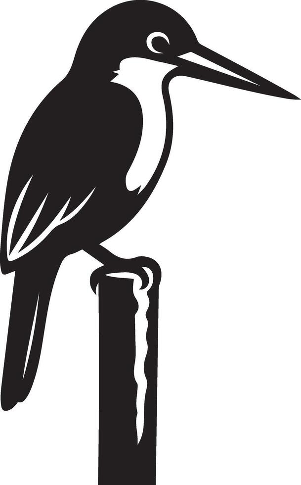 Kingfisher on post black silhouette, Minimal bird perched clean outline vector