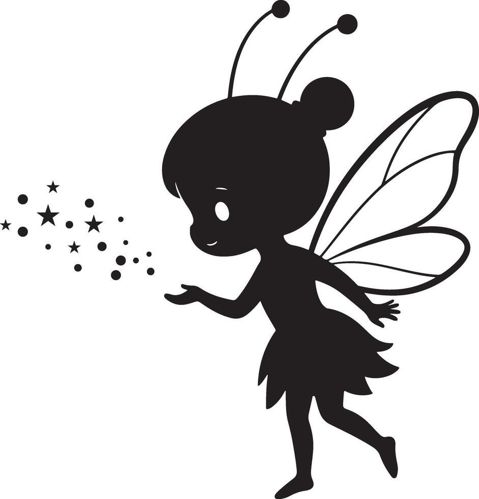 Fairy with magic dust black silhouette, Sparkling fairy child clean outline vector