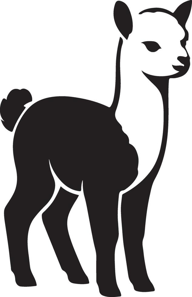 Young alpaca simple black silhouette, Baby llama black and white cute drawing vector