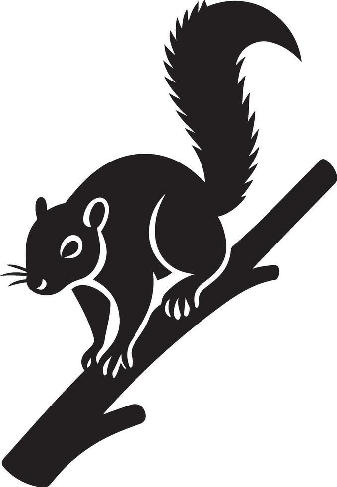 Squirrel on branch silhouette design, Forest animal black and white perched image vector