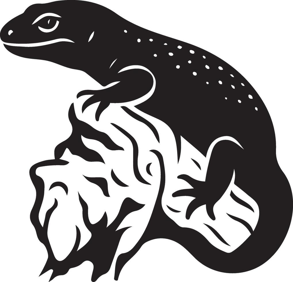 Lizard on rock silhouette bold shape, Reptile on stone flat black drawing vector