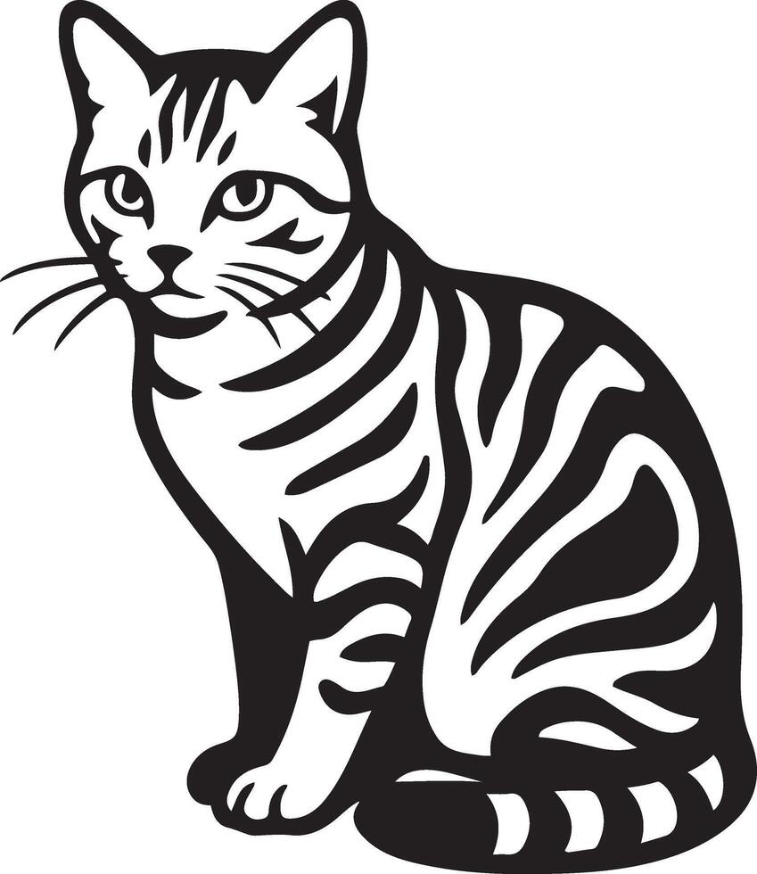Tabby cat black and white illustration, Elegant tabby cat sitting pose design vector
