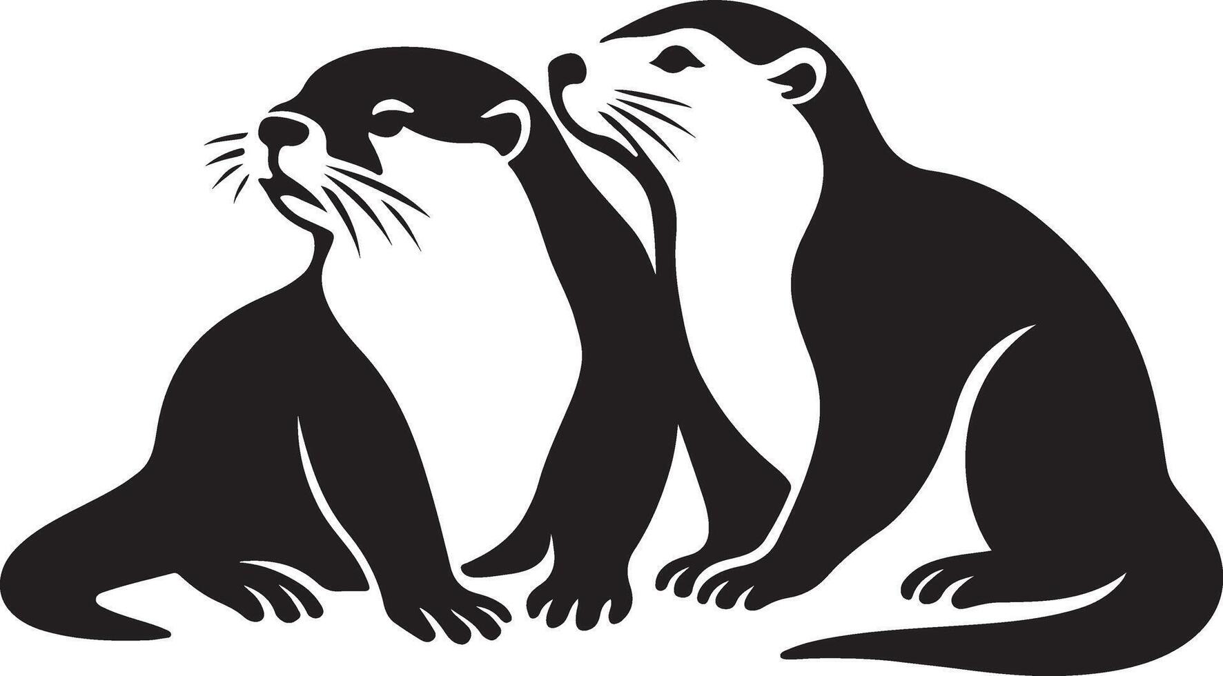 Two otters silhouette in clean black style, Pair of animals aquatic life sketch vector