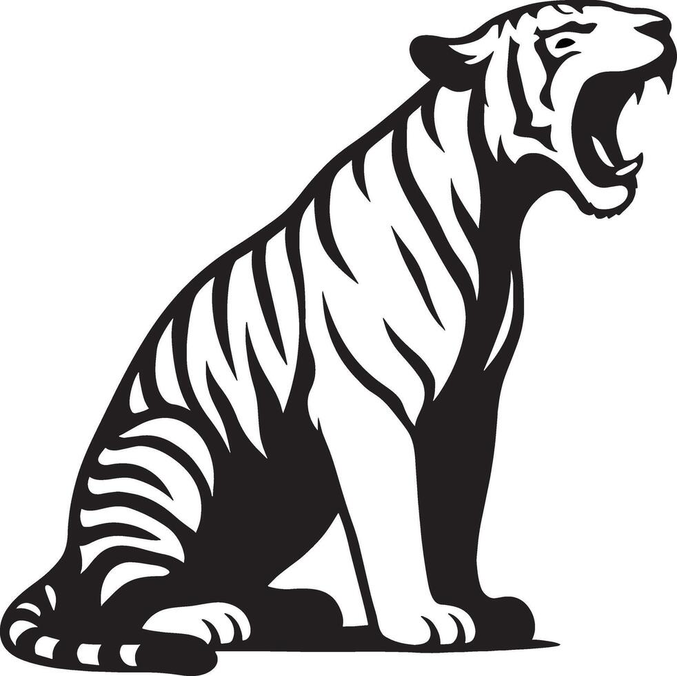 Roaring tiger silhouette powerful stance, Wild tiger black and white fierce design vector