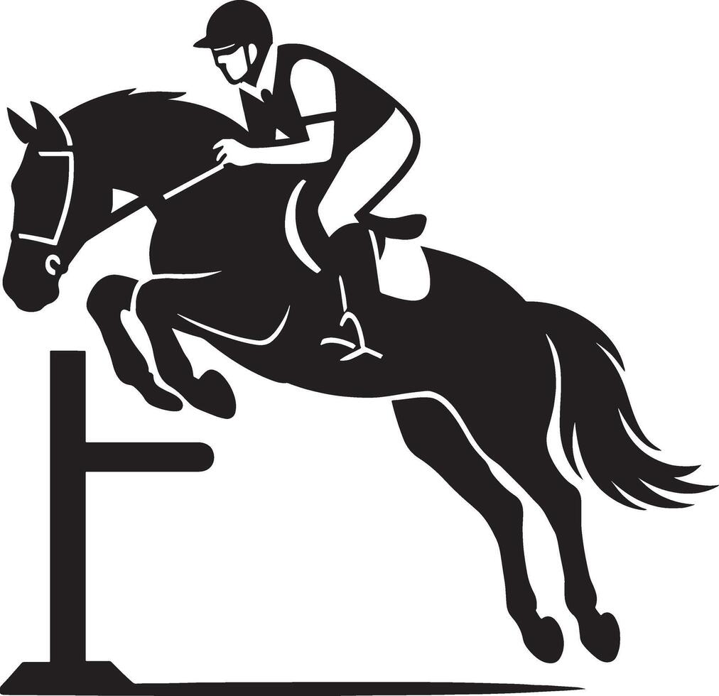 Horse jumping over obstacle silhouette, Equestrian animal leap design vector