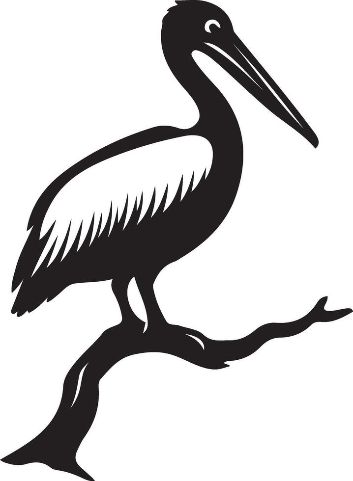 Pelican perched on branch silhouette, Resting pelican on tree black design vector