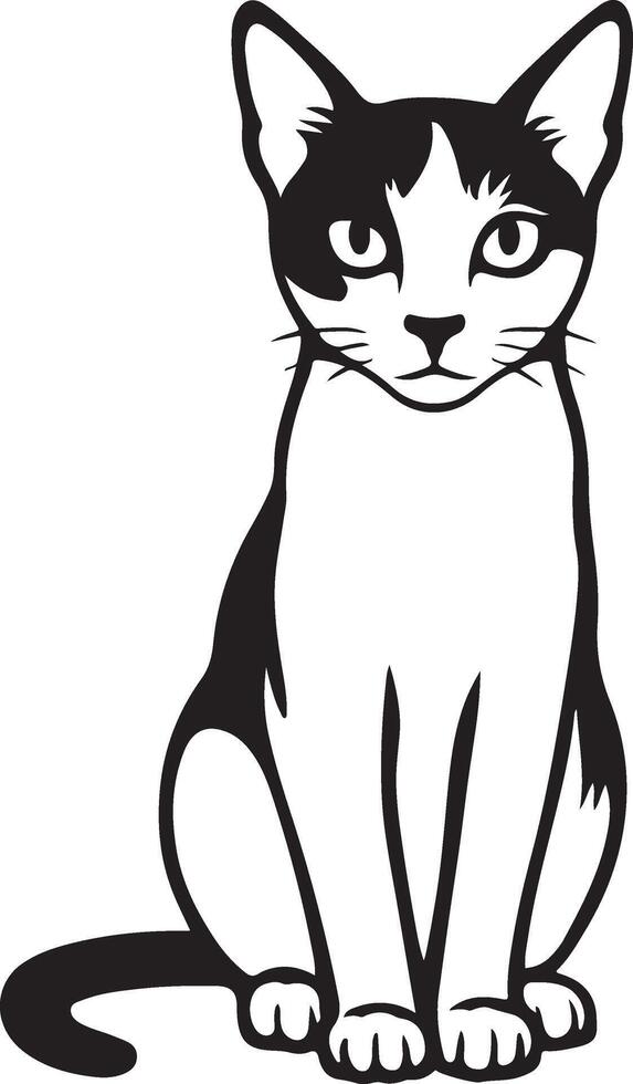 Cat sitting illustration black and white calm pose, Pet feline minimal line art vector