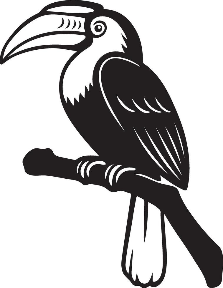 Tropical bird perched silhouette, exotic toucan illustration vector
