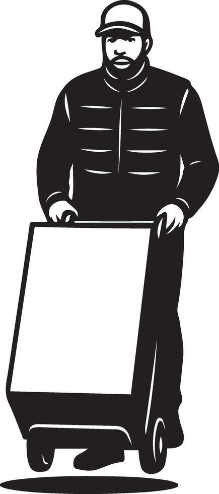 Worker pushing cart illustration, monochrome human figure vector