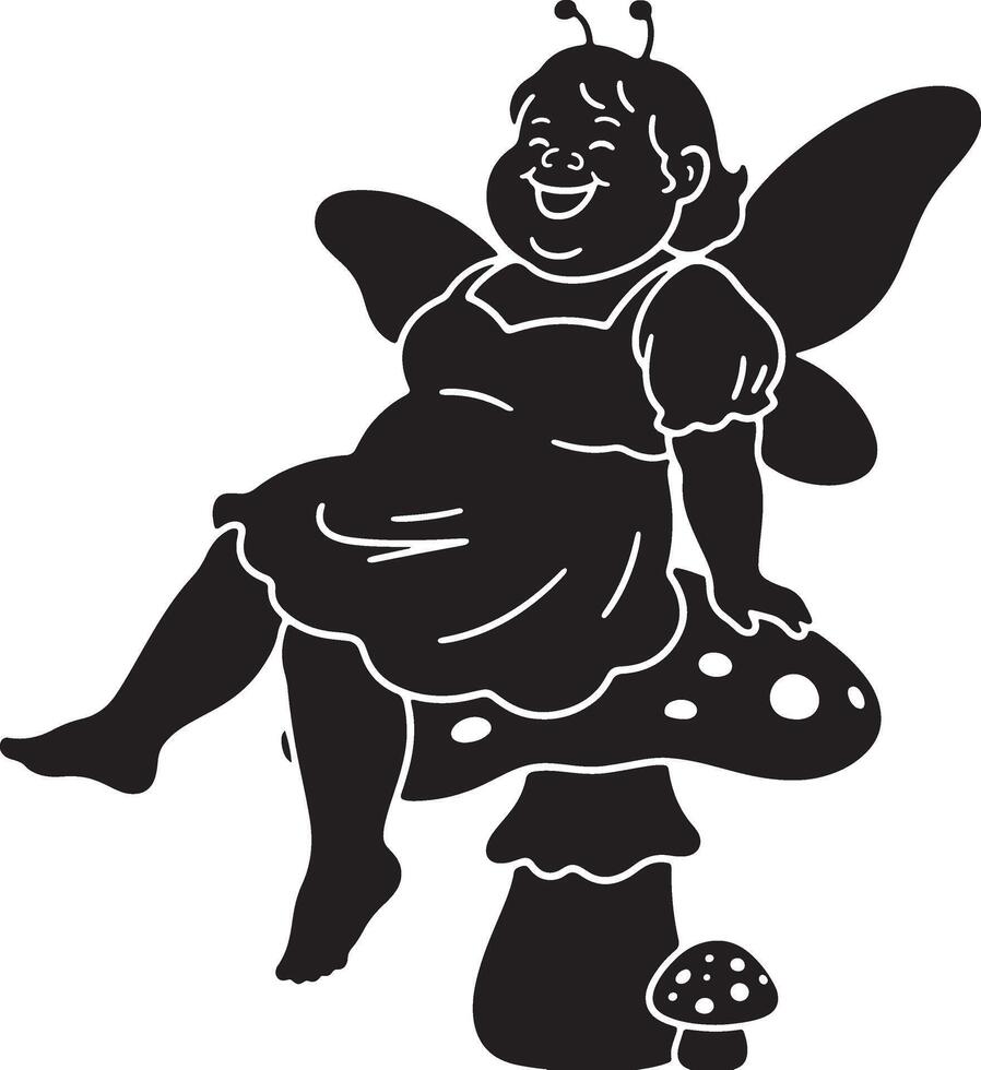 Plus size fairy on mushroom silhouette, Happy fairy sitting magical design vector