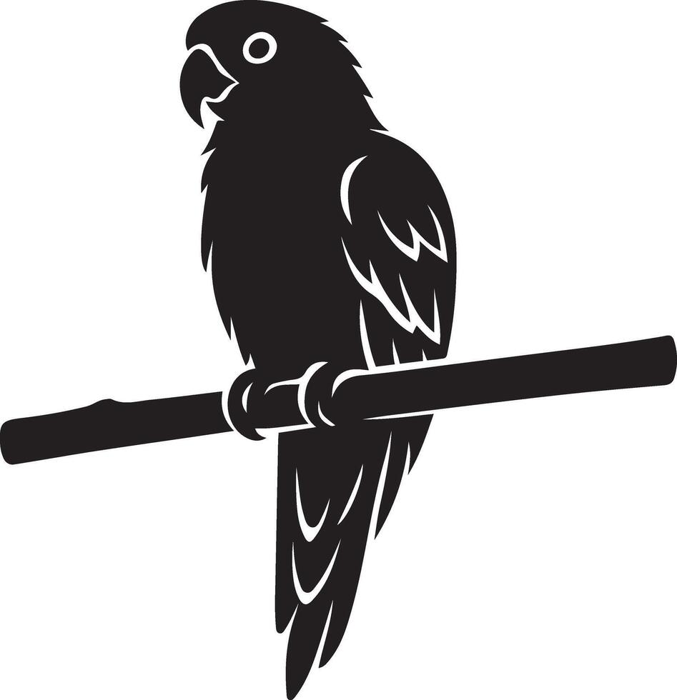 Parrot perched on branch black design, Tropical bird black and white pose vector