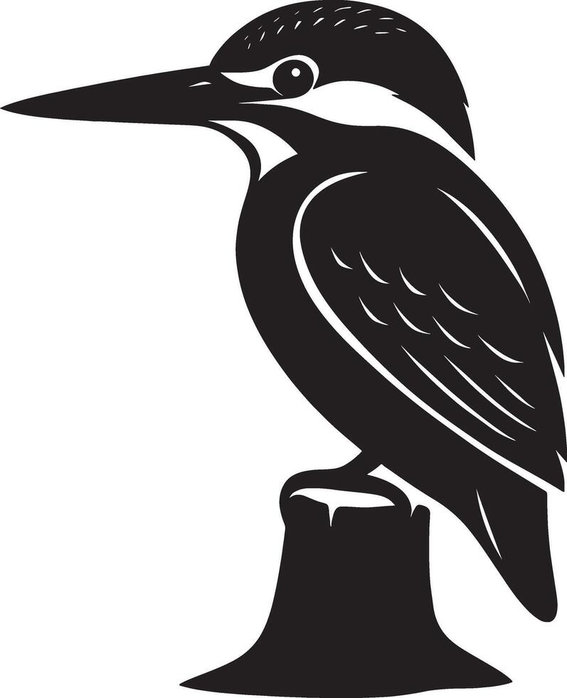 Kingfisher perched on stump silhouette, Bird resting illustration black white vector