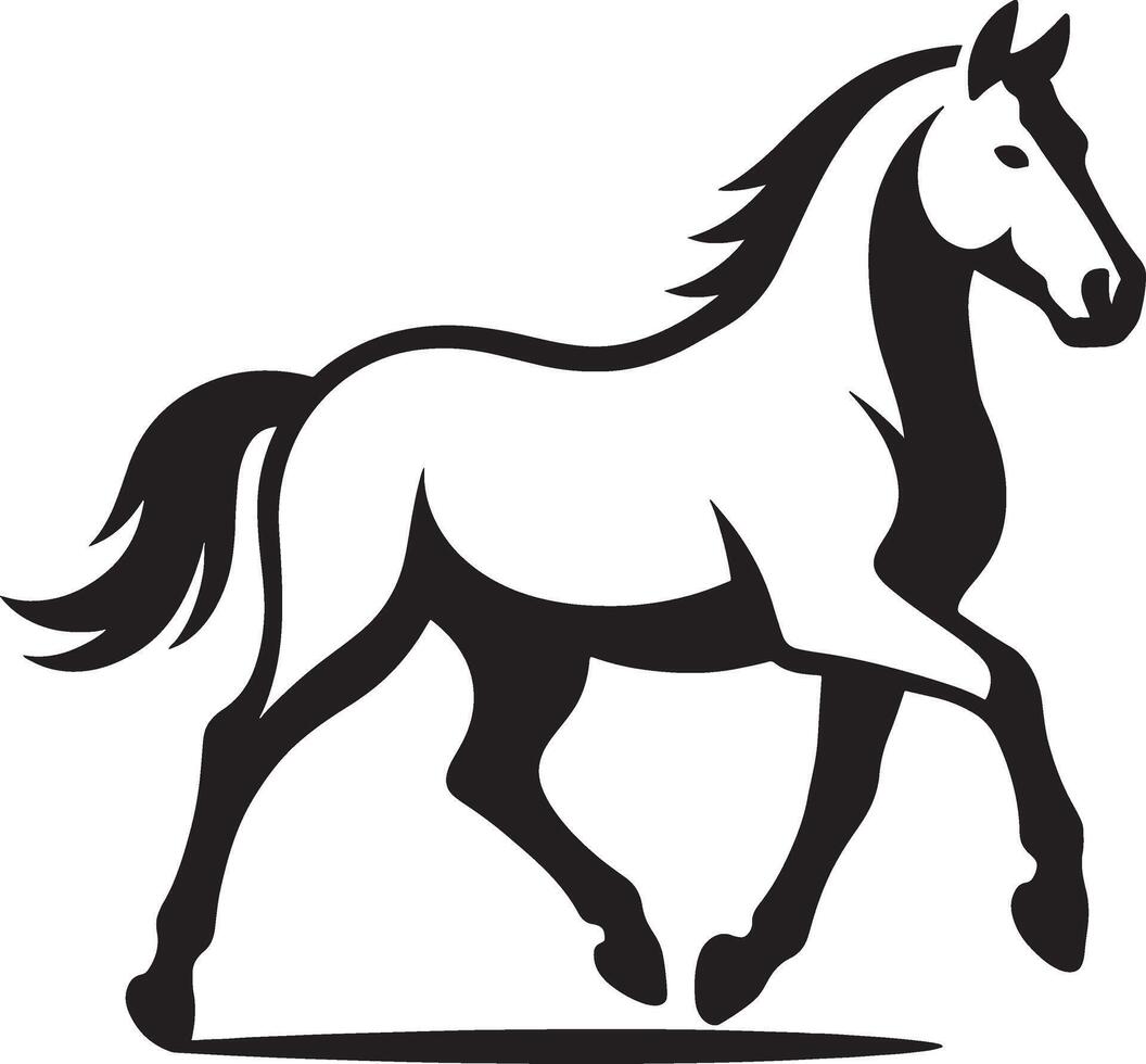 Running horse black white powerful outline, Bold horse in stride silhouette vector
