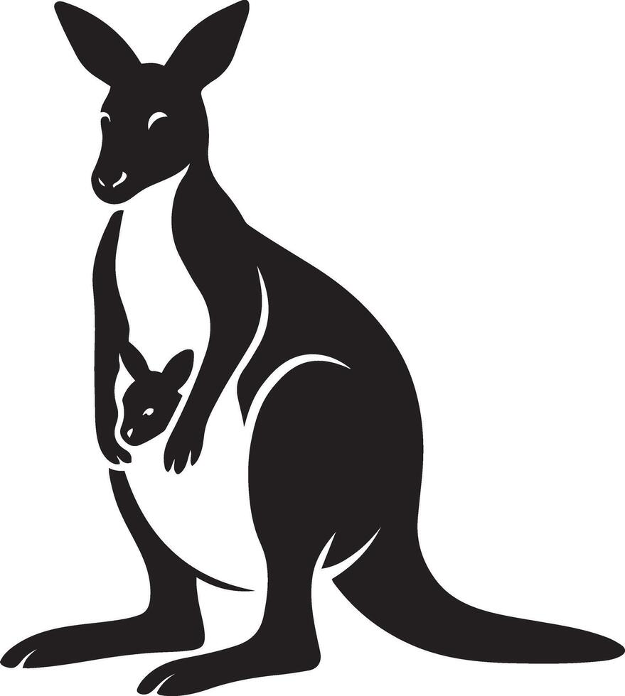 Kangaroo and joey silhouette pose, Mother kangaroo with baby in pouch vector