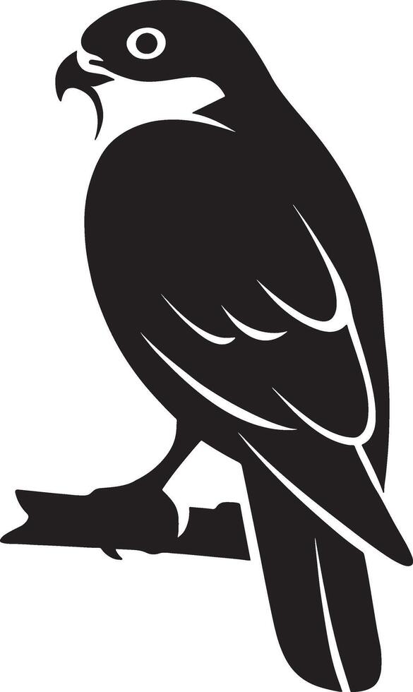 Falcon perched on branch silhouette, Bird of prey black white tree design vector