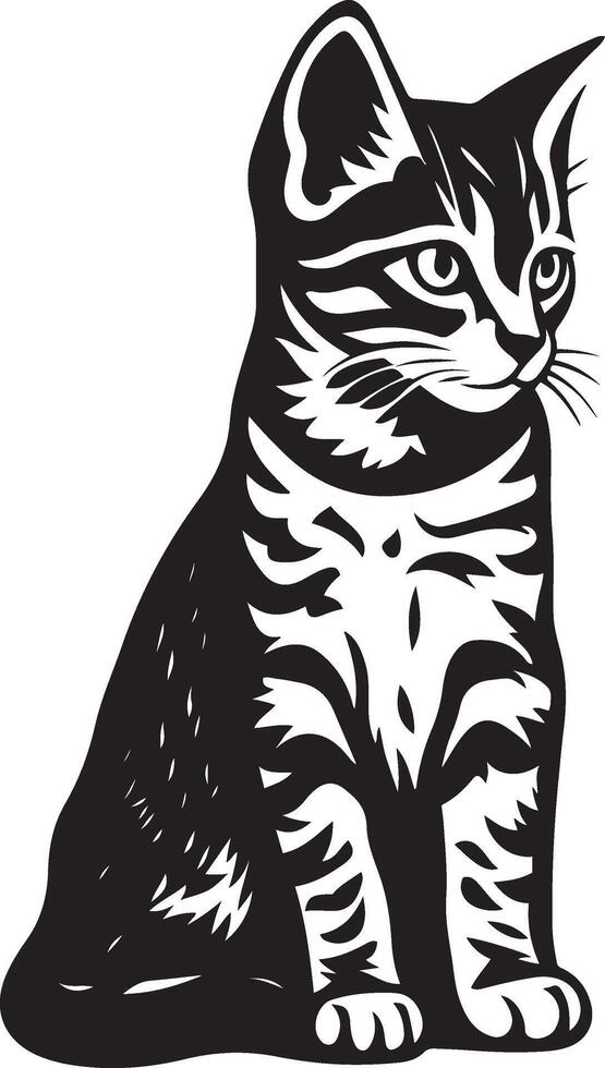 Sitting kitten black and white artwork, Elegant kitten pose in black silhouette vector