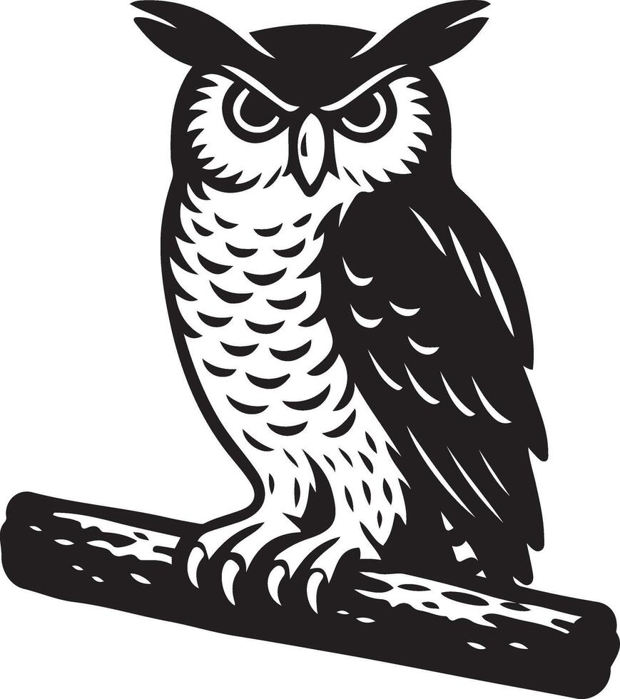 Owl silhouette black and white drawing, Stylized bird perched outline art vector