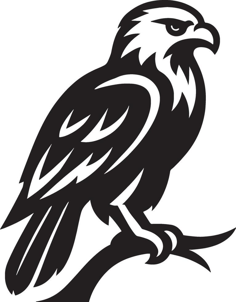 Raptor bird silhouette on tree branch, Predatory bird black and white perched view vector
