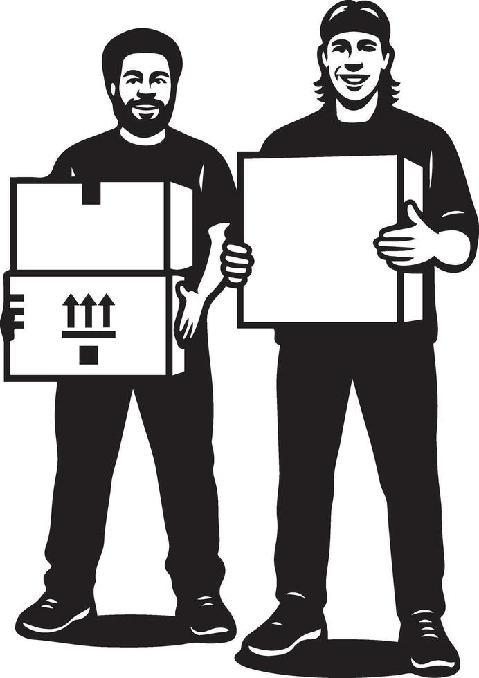 Movers carrying boxes design, teamwork in motion silhouette vector