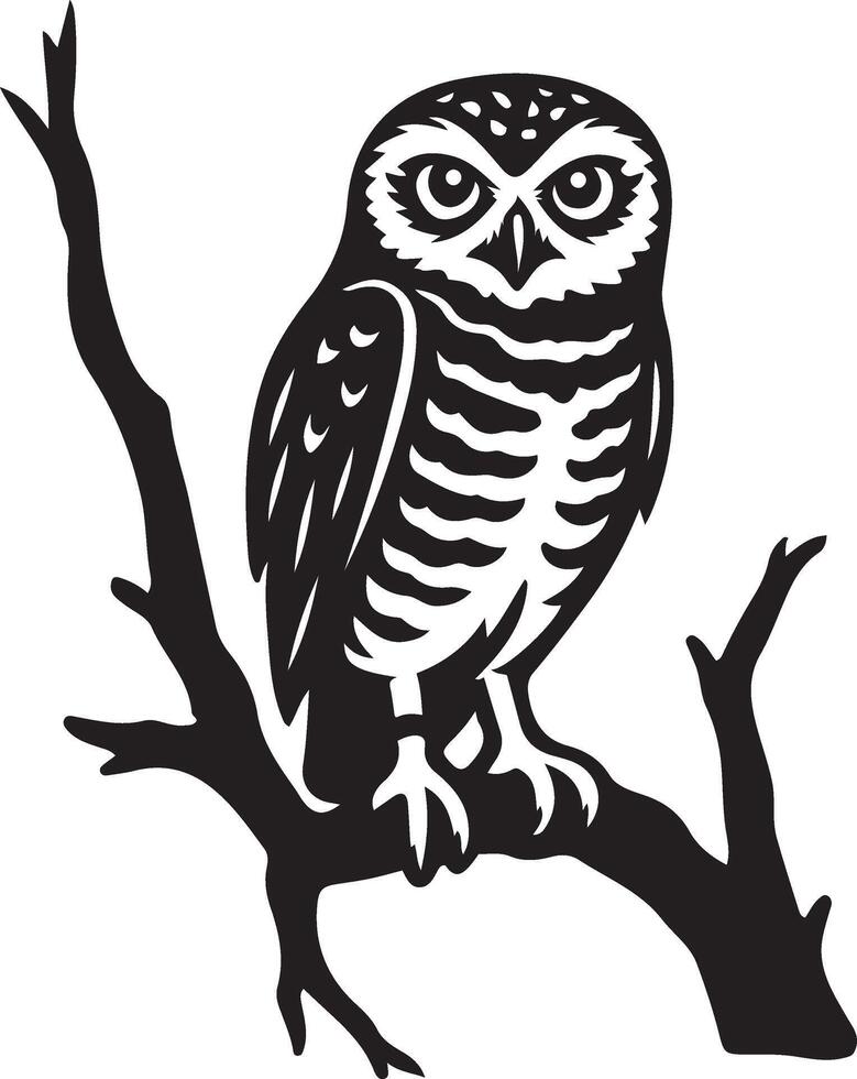 Owl perched on branch illustration, Black and white bird on tree silhouette vector