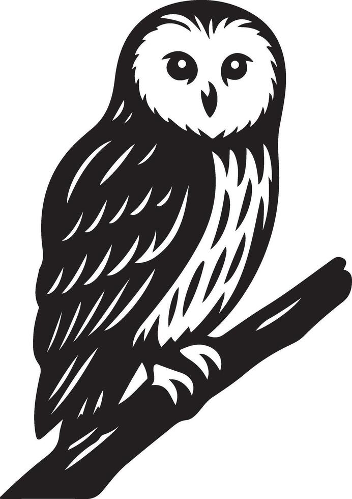 Owl on branch black white silhouette, Elegant owl resting tree pose vector