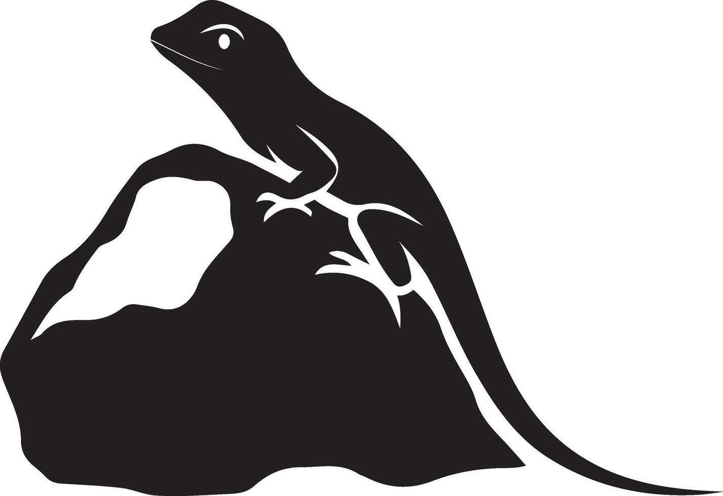 Lizard on rock silhouette detailed view, Reptile in nature black flat illustration vector