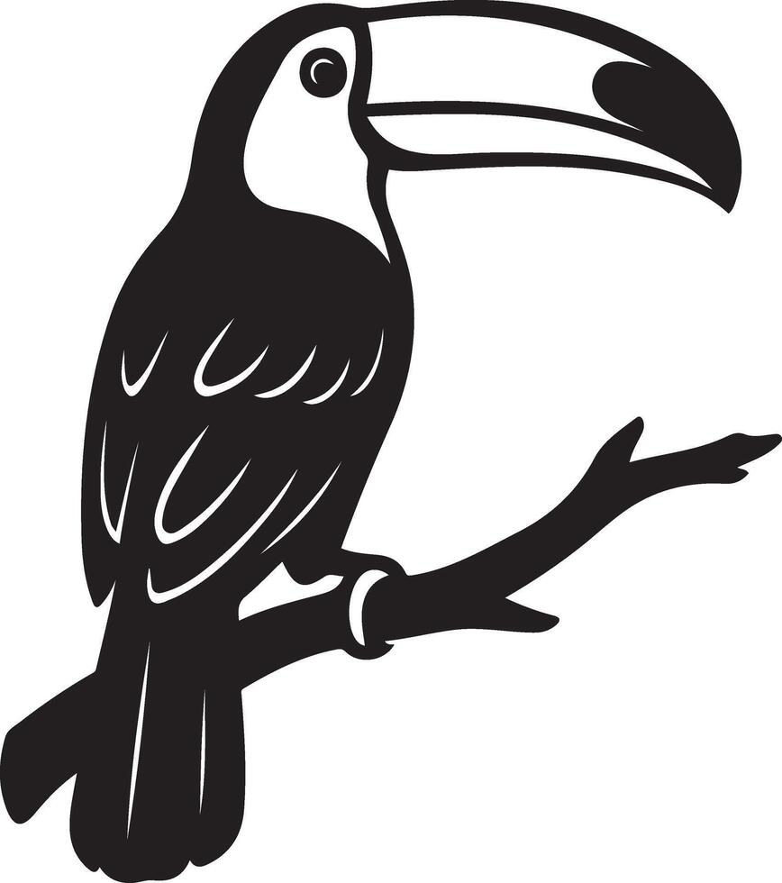 Toucan silhouette black and white style, Jungle bird on branch minimal artwork vector