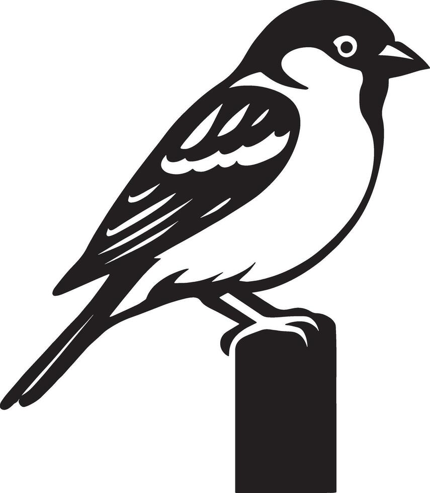Sparrow perched on post silhouette design, Small bird black and white elegant sketch vector