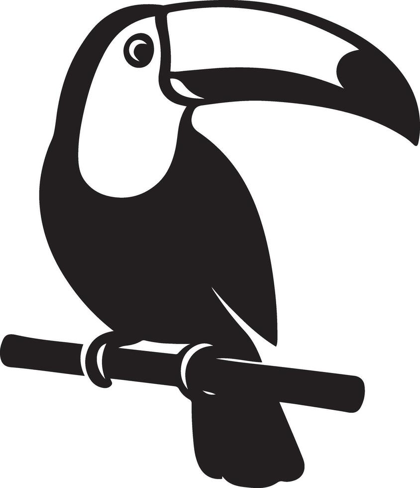Stylized toucan on tree branch art, Tropical toucan black and white silhouette vector